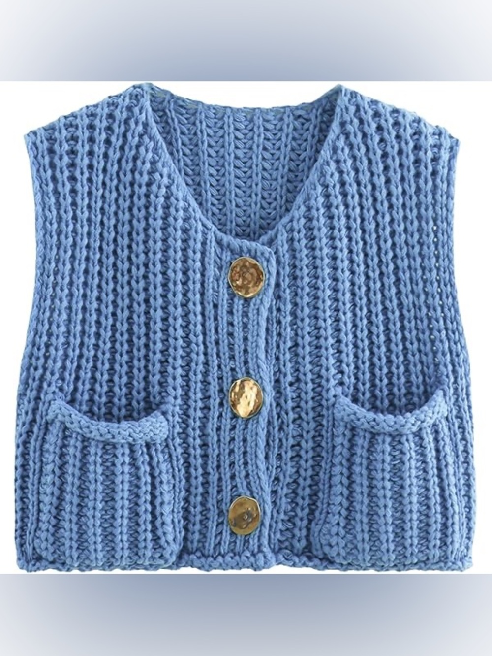 Chunky Knit Sweater Vest Blue Gold Button Boxy Cotton Blend Large